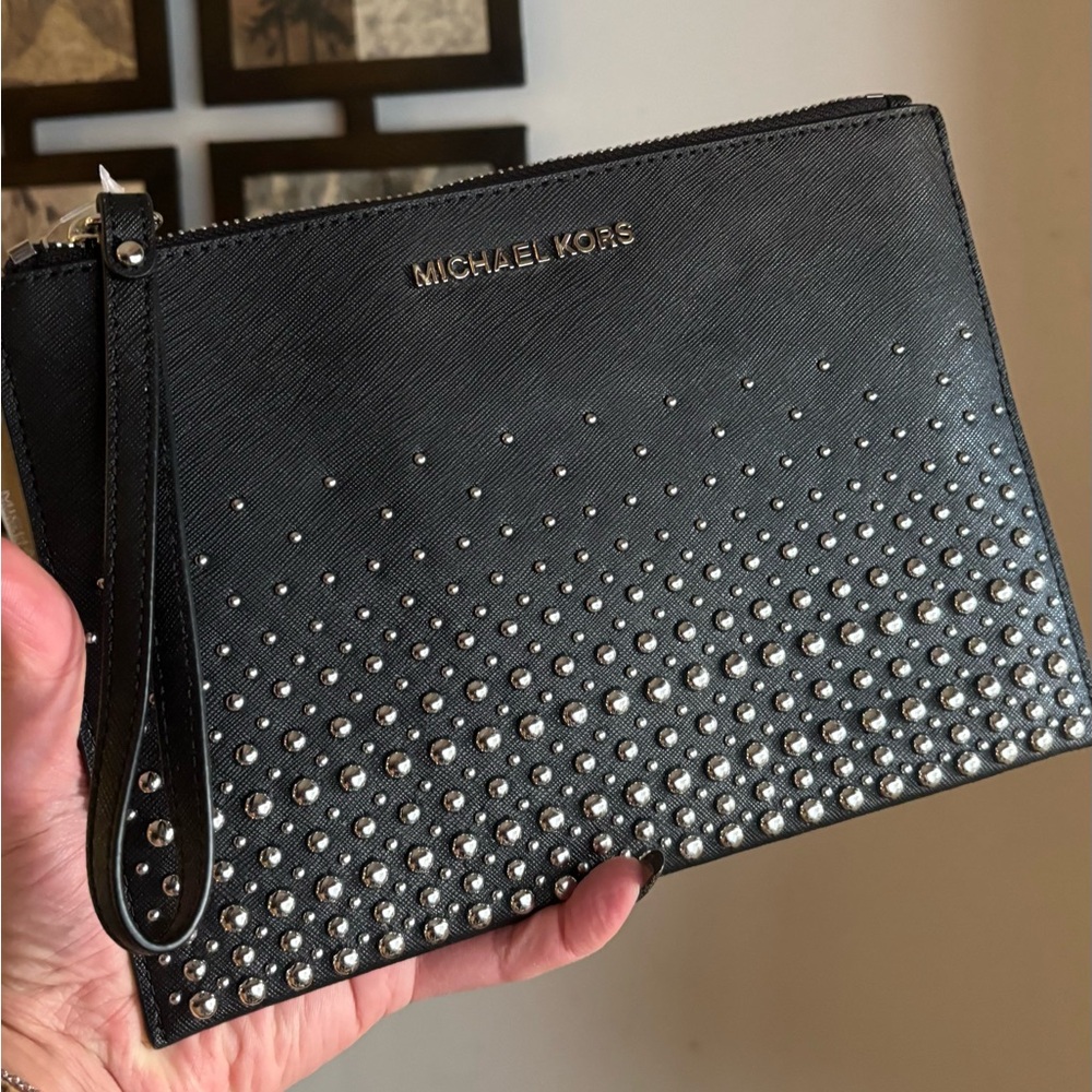 Authentic Michael Kors Black /Silver Studded leather zip top Clutch/Wristlet - Picture 5 of 9